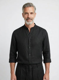 100% Linen Shirt Mandari Collar Jet Black
