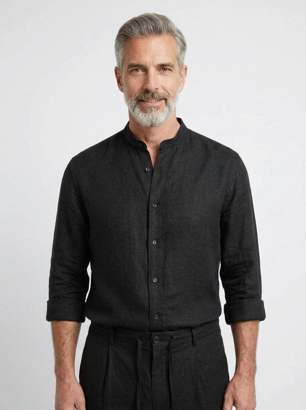100% Linen Shirt Mandari Collar Jet Black