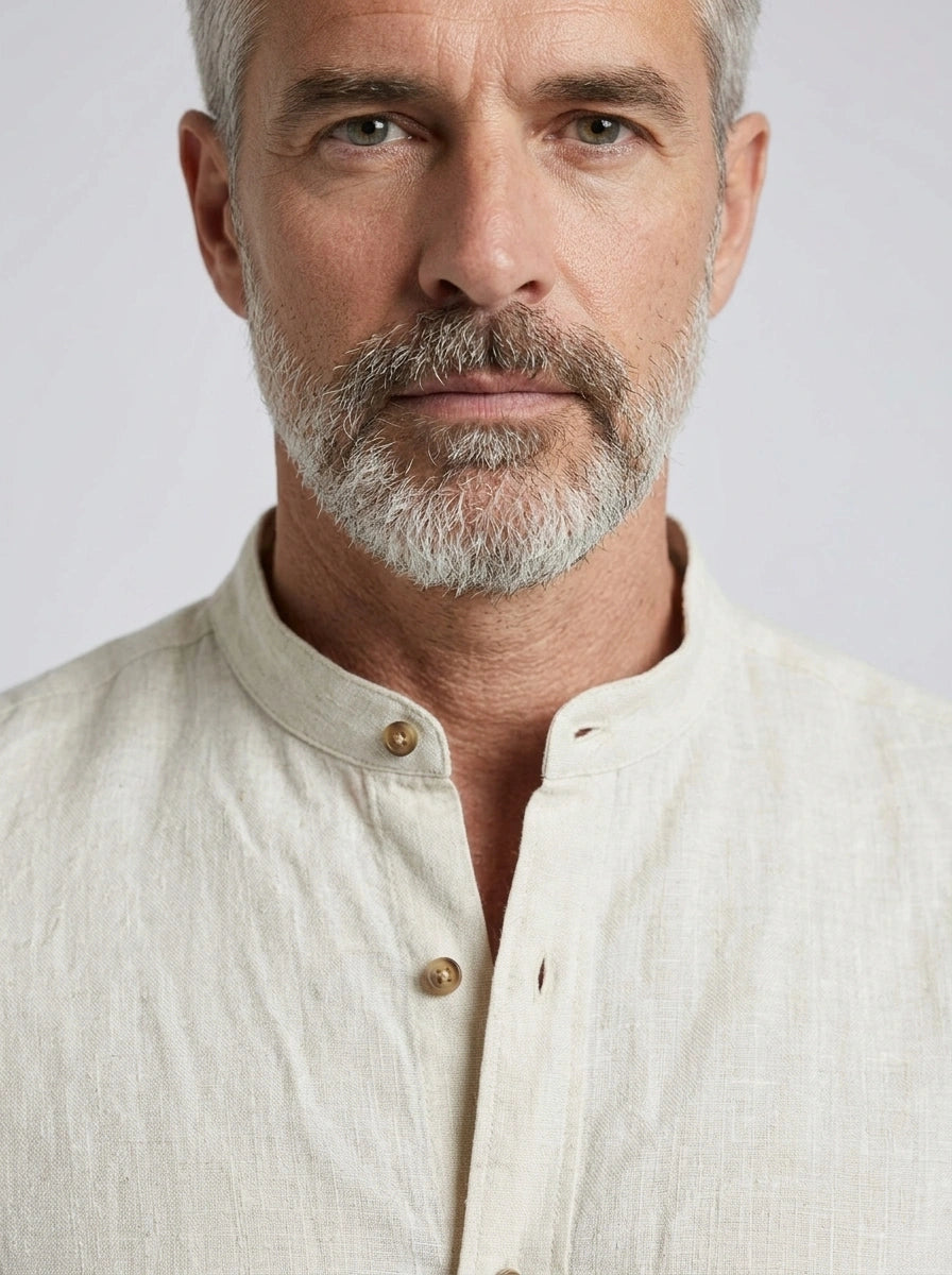 100% Linen Shirt Mandari Collar Ivory