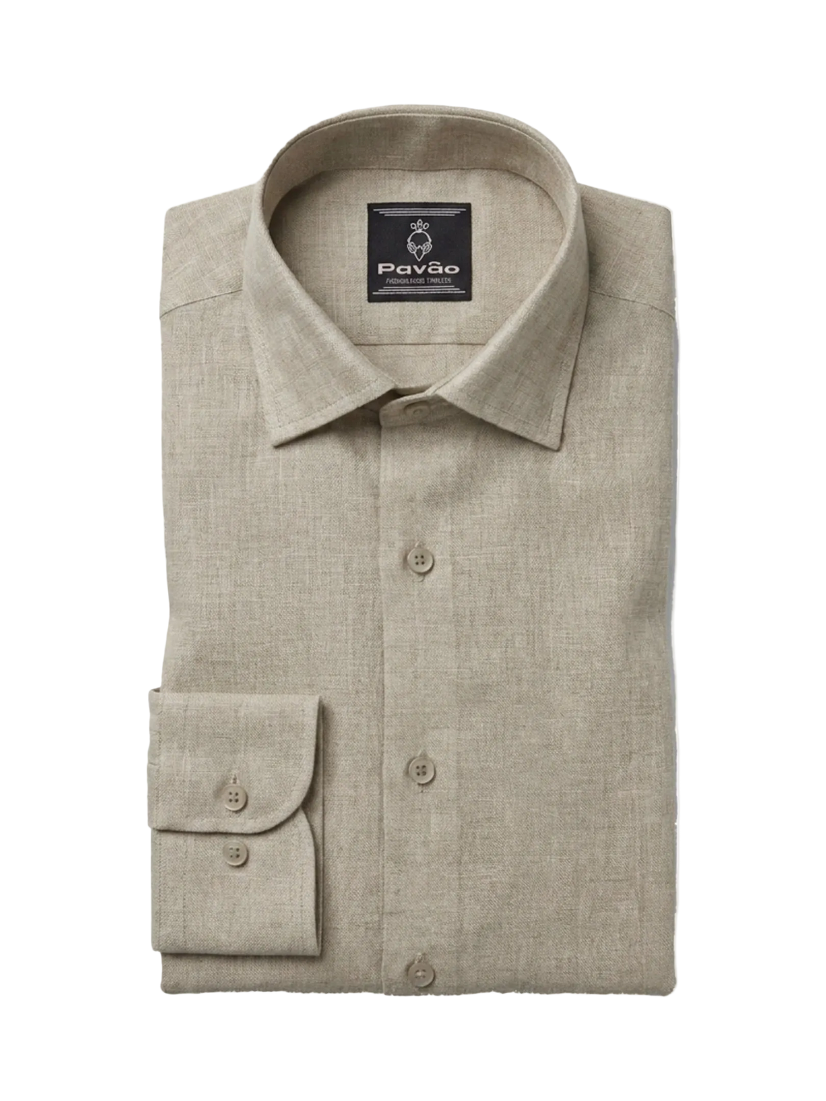 A folded light beige linen dress shirt with a button-down front, pointed collar, and a single-button cuff, shown on a plain white background. The brand label inside the collar reads 'Pavão'.
