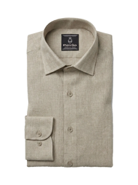 A folded light beige linen dress shirt with a button-down front, pointed collar, and a single-button cuff, shown on a plain white background. The brand label inside the collar reads 'Pavão'.