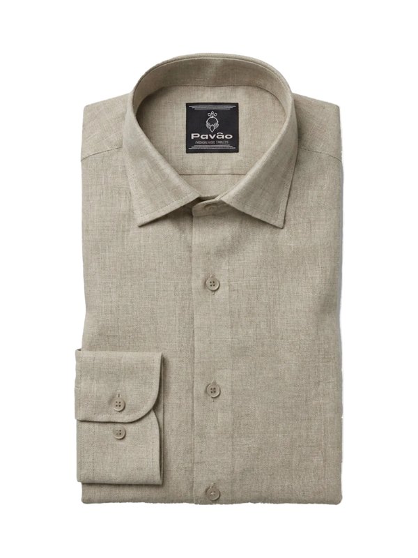 A folded light beige linen dress shirt with a button-down front, pointed collar, and a single-button cuff, shown on a plain white background. The brand label inside the collar reads 'Pavão'.