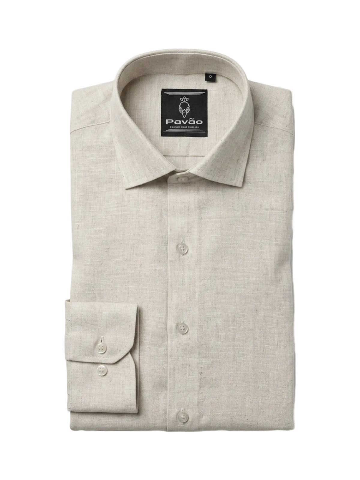 A folded light beige linen dress shirt with a button-down front, pointed collar, and a single-button cuff, shown on a plain white background. The brand label 'Pavão' is visible inside the collar.