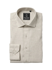 A folded light beige linen dress shirt with a button-down front, pointed collar, and a single-button cuff, shown on a plain white background. The brand label 'Pavão' is visible inside the collar.