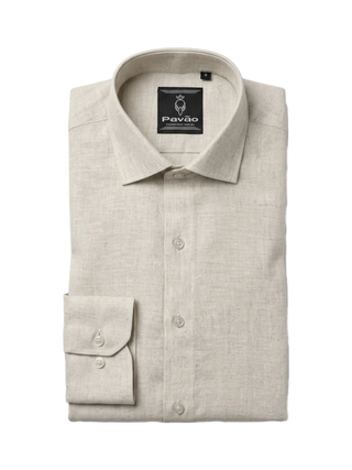 A folded light beige linen dress shirt with a button-down front, pointed collar, and a single-button cuff, shown on a plain white background. The brand label 'Pavão' is visible inside the collar.