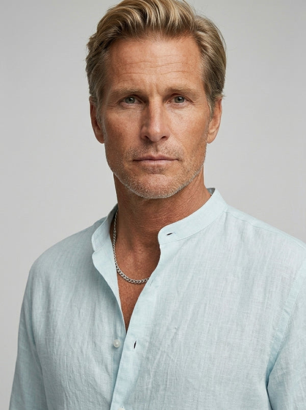 100% Linen Mandarin Collar Shirt Sky Blue