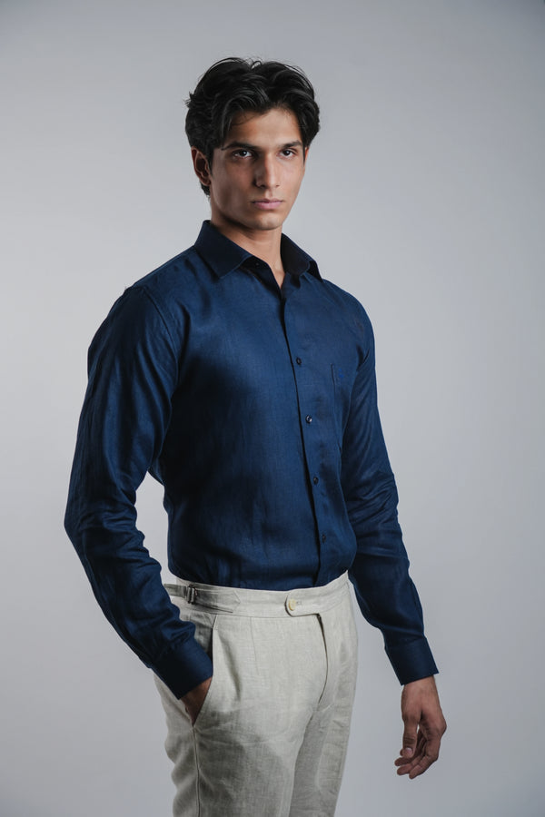 100% Linen Formal Shirt Navy Blue