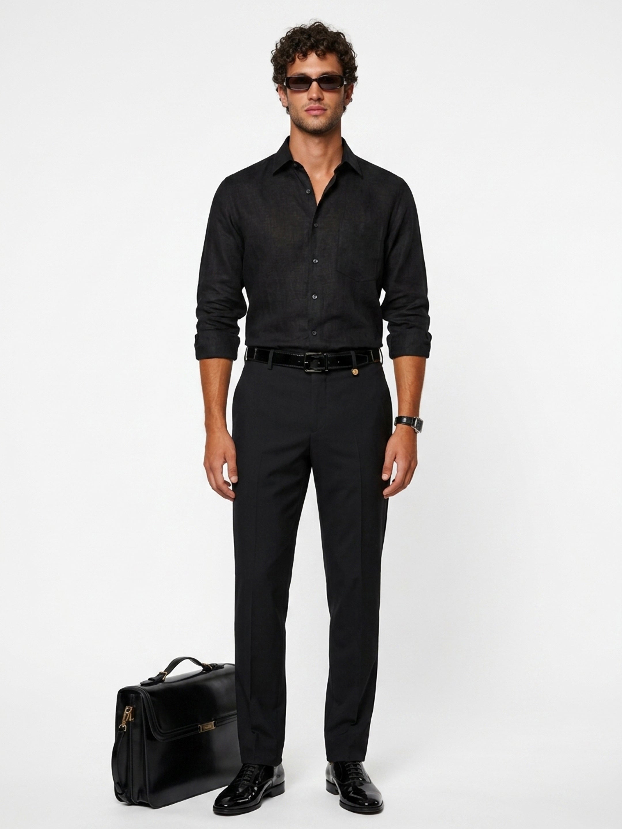 Long Collar Formal Linen Shirt With Pocket Black