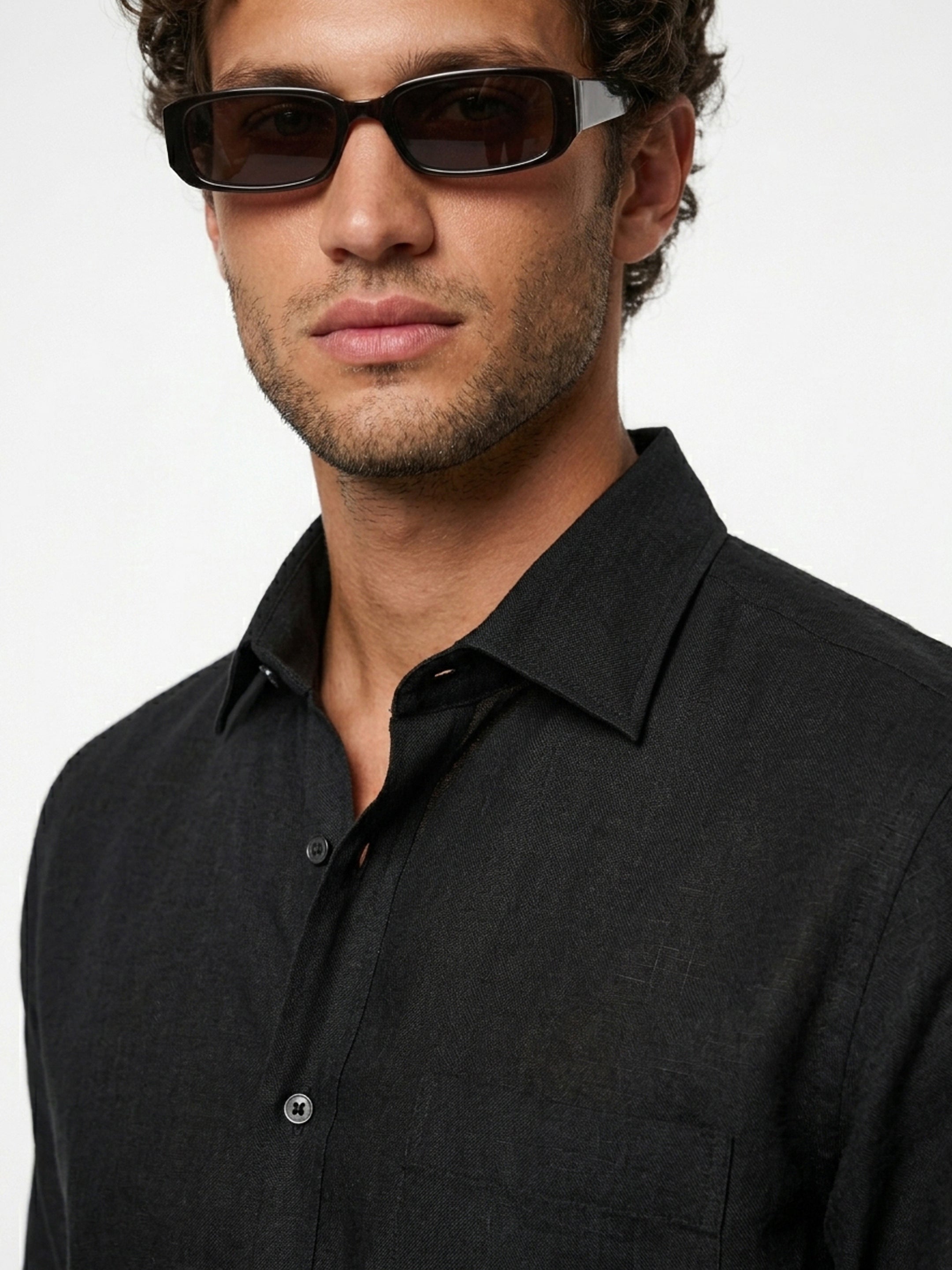 Long Collar Formal Linen Shirt With Pocket Black