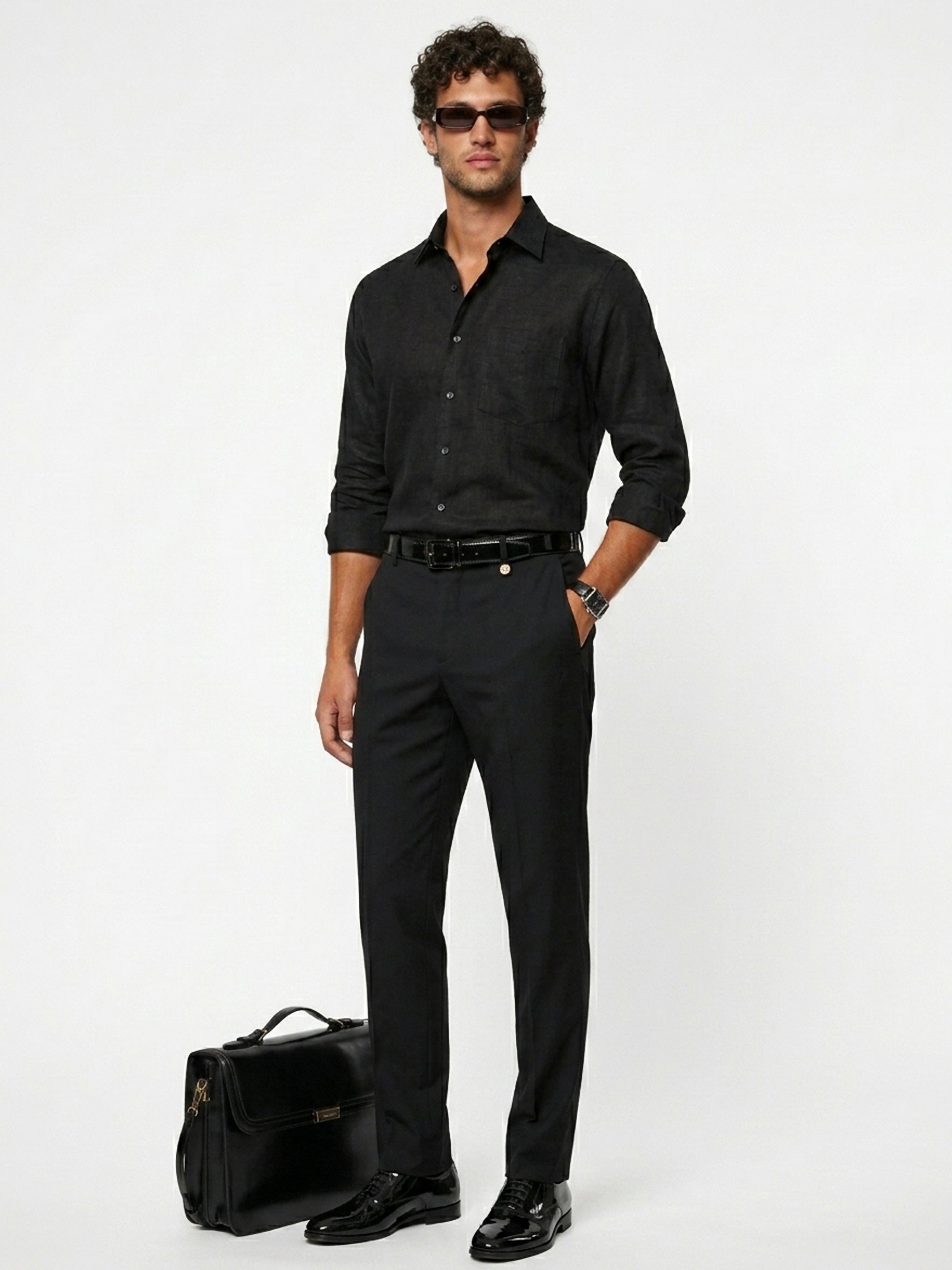 Long Collar Formal Linen Shirt With Pocket Black