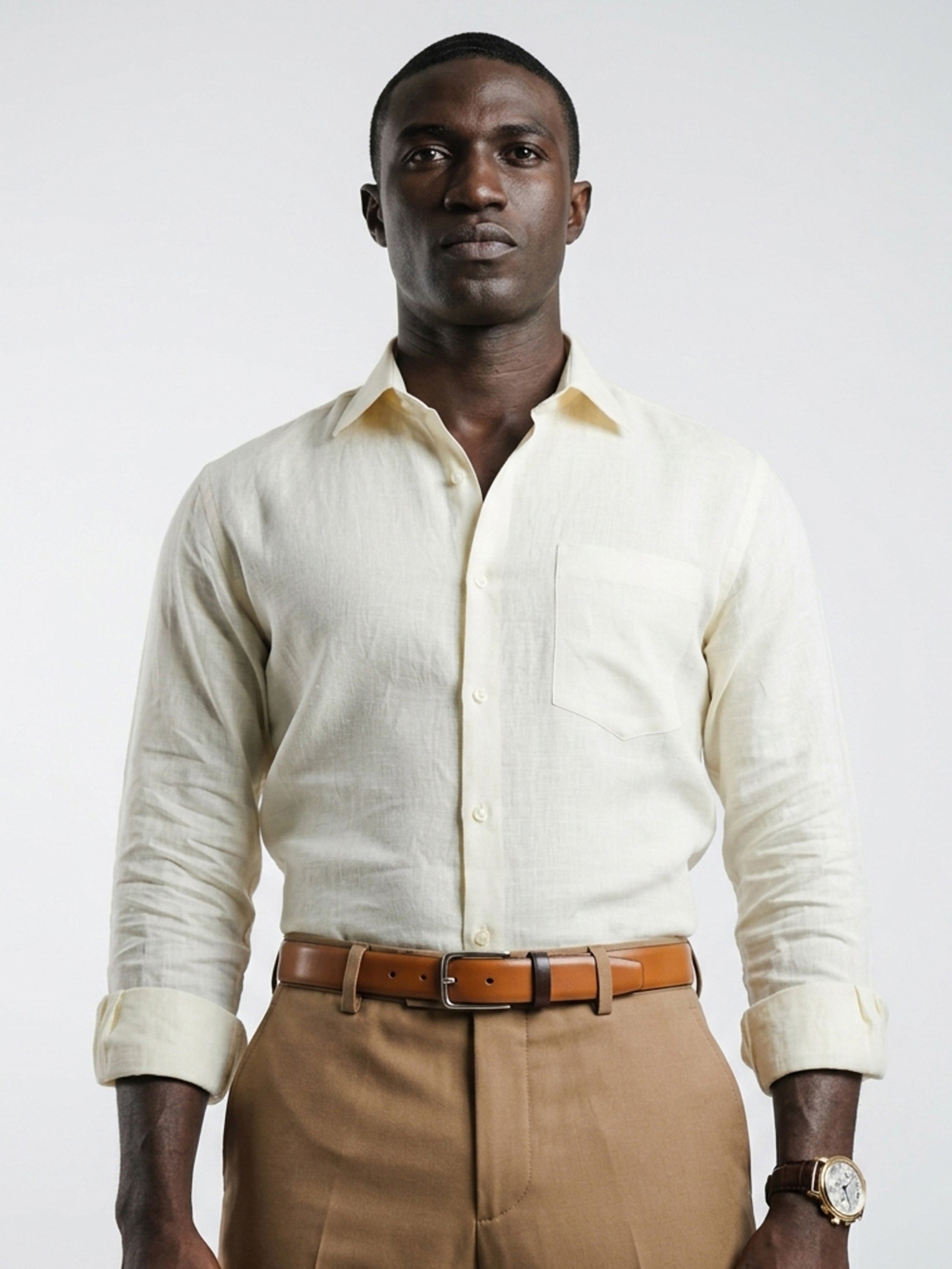 Long Collar Formal Linen Shirt With Pocket Light Blue