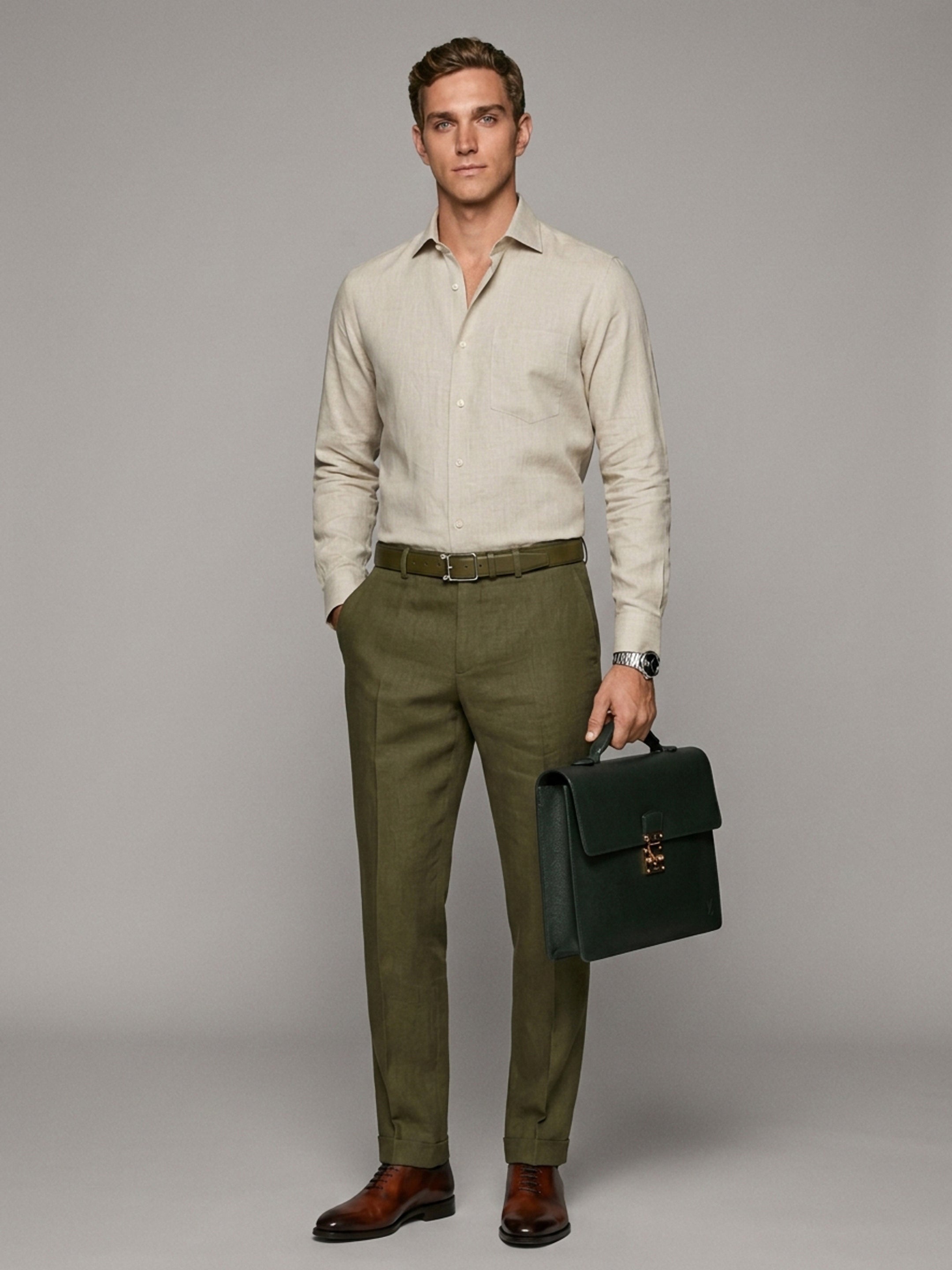 Long Collar Formal Linen Shirt With Pocket Natural Dark