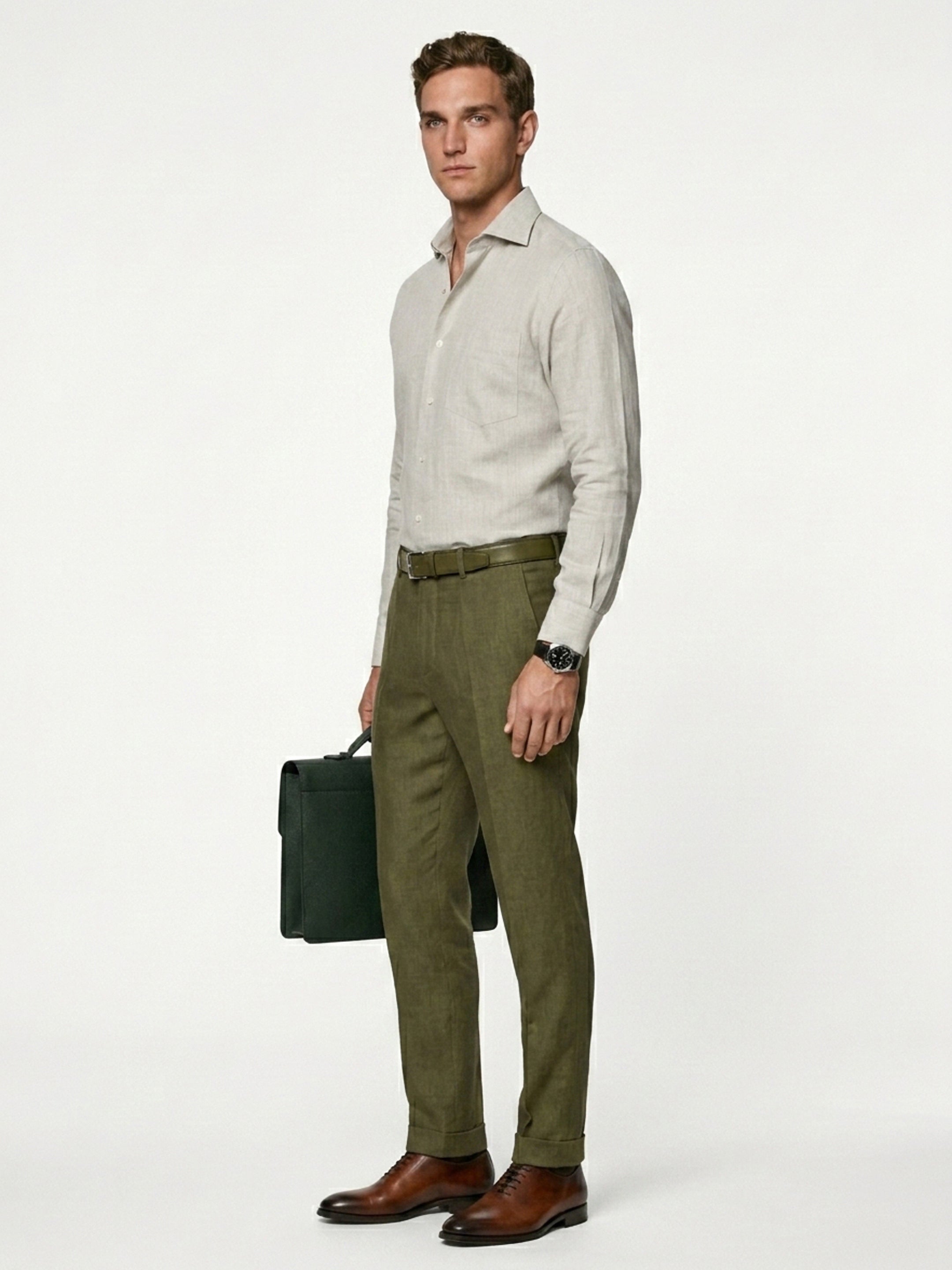 Long Collar Formal Linen Shirt With Pocket Natural Dark