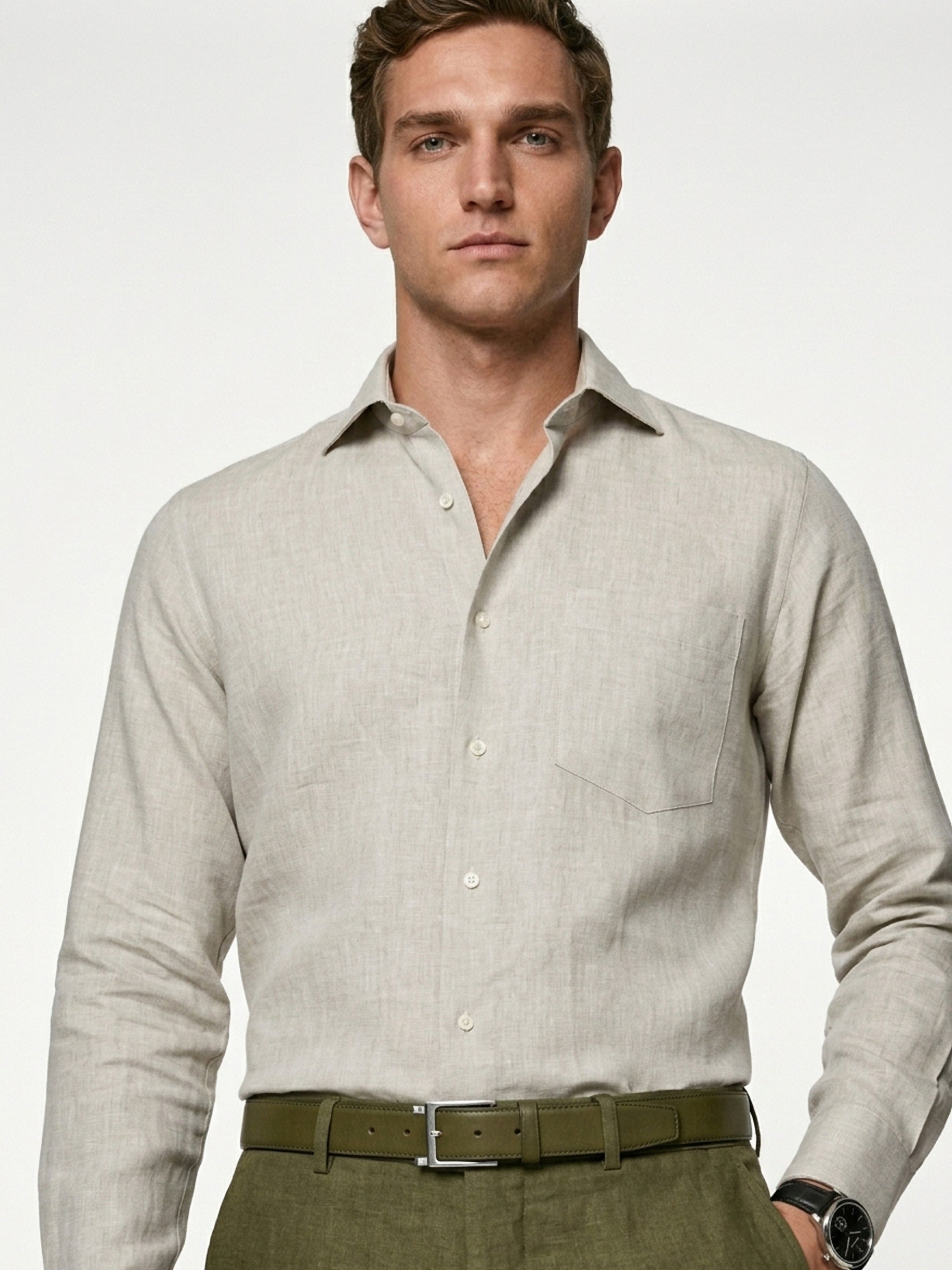 Long Collar Formal Linen Shirt With Pocket Natural Dark