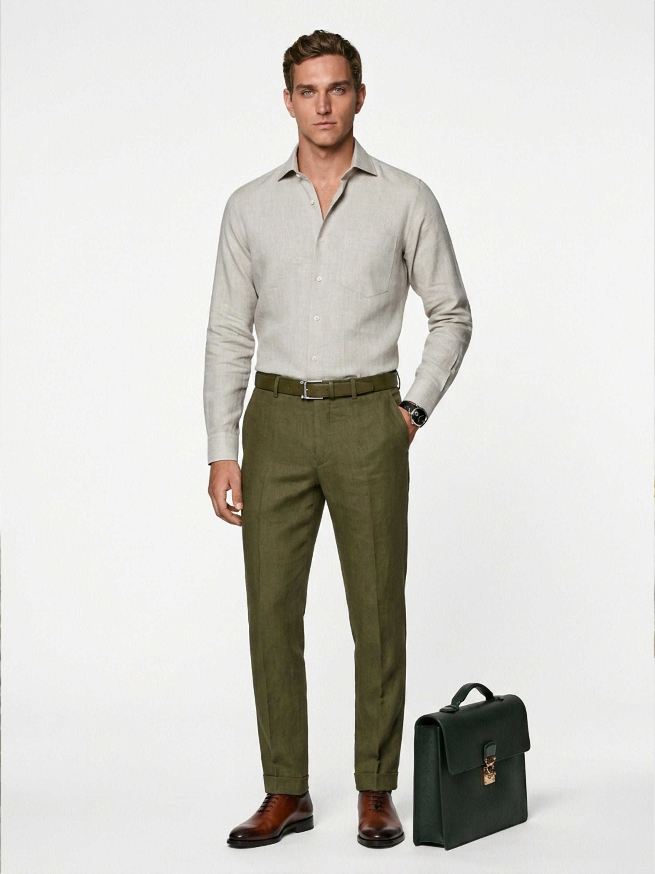 Long Collar Formal Linen Shirt With Pocket Natural Dark