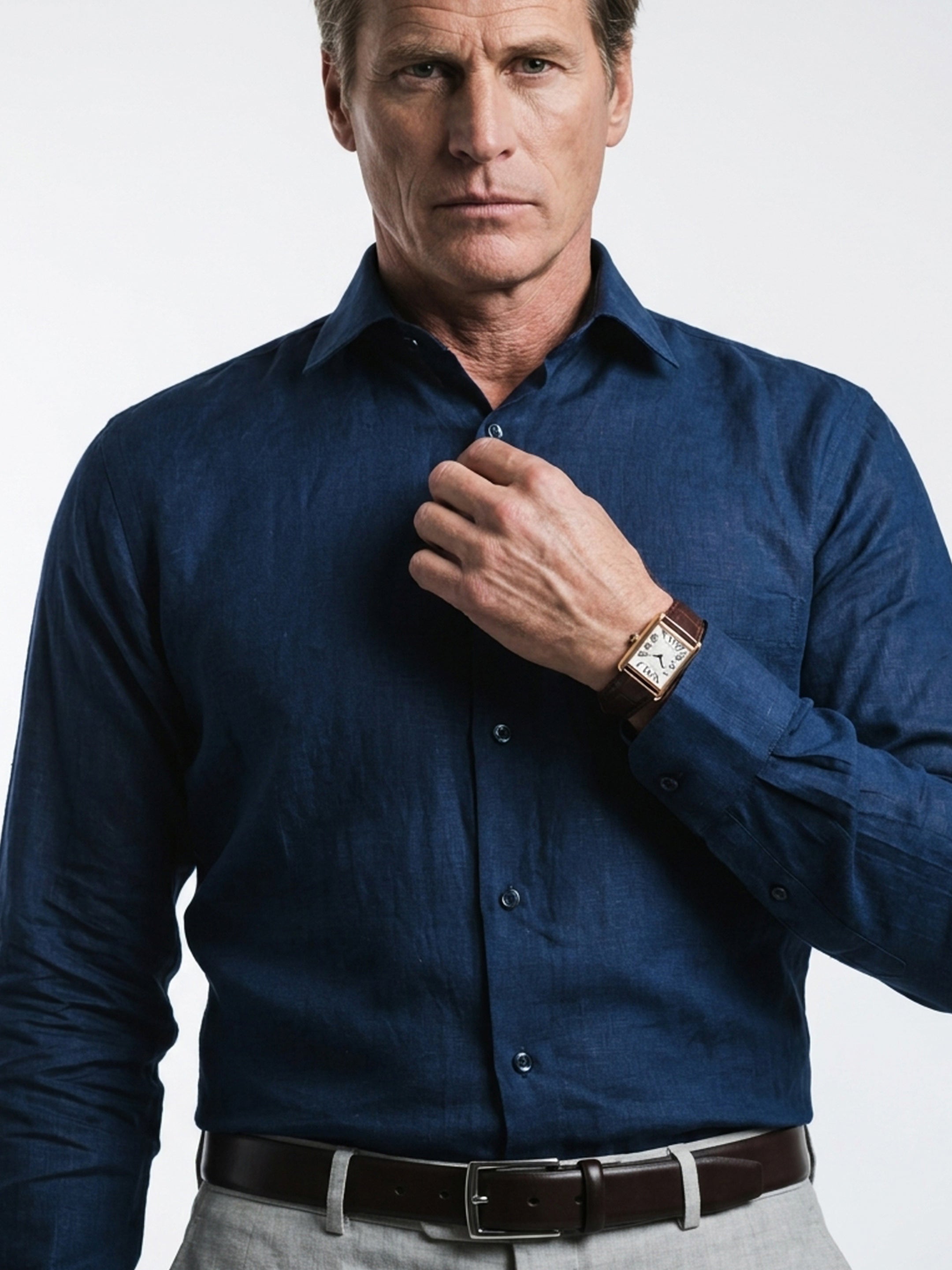 Long Collar Formal Linen Shirt With Pocket Navy Blue