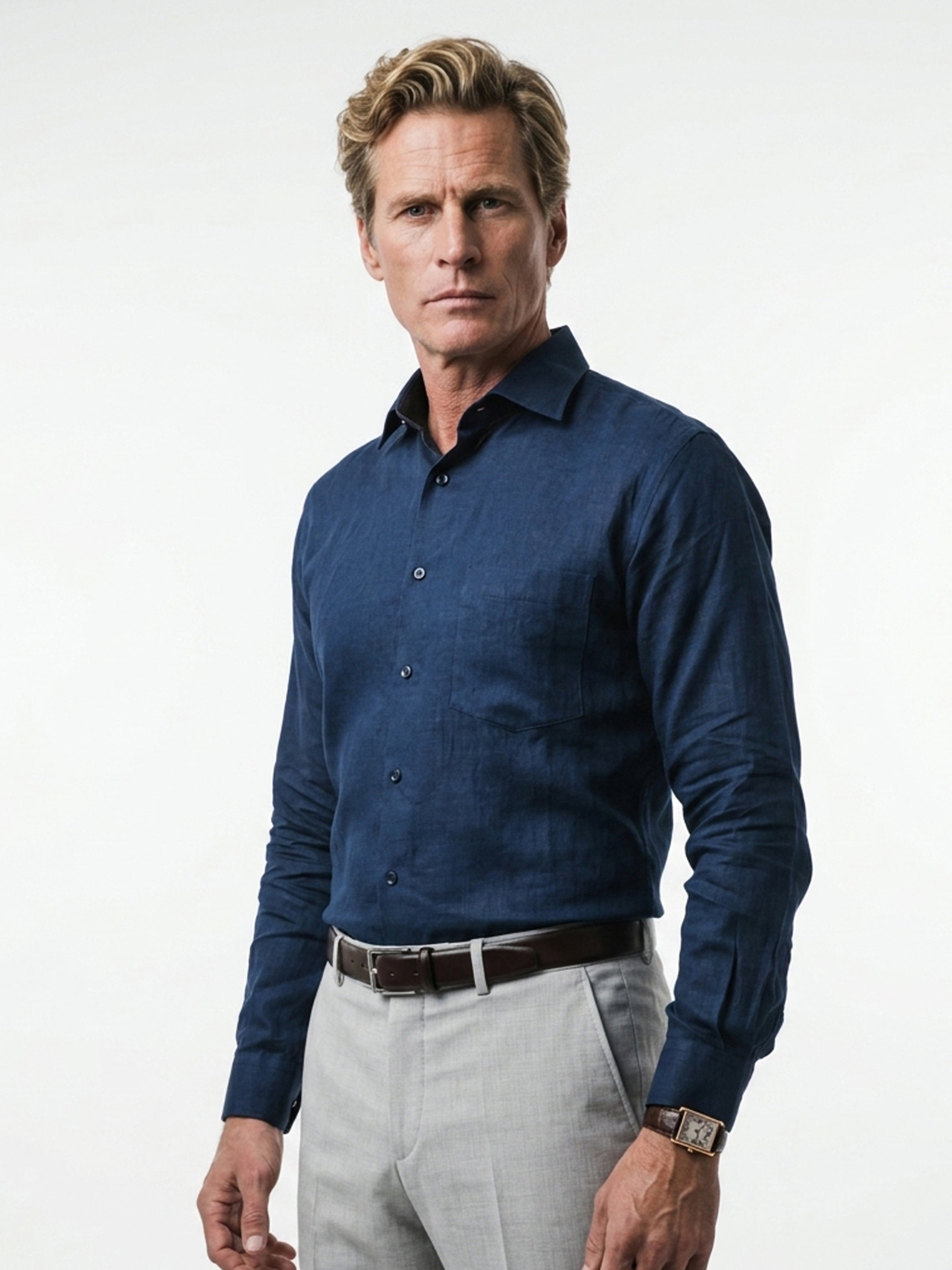 Long Collar Formal Linen Shirt With Pocket Navy Blue