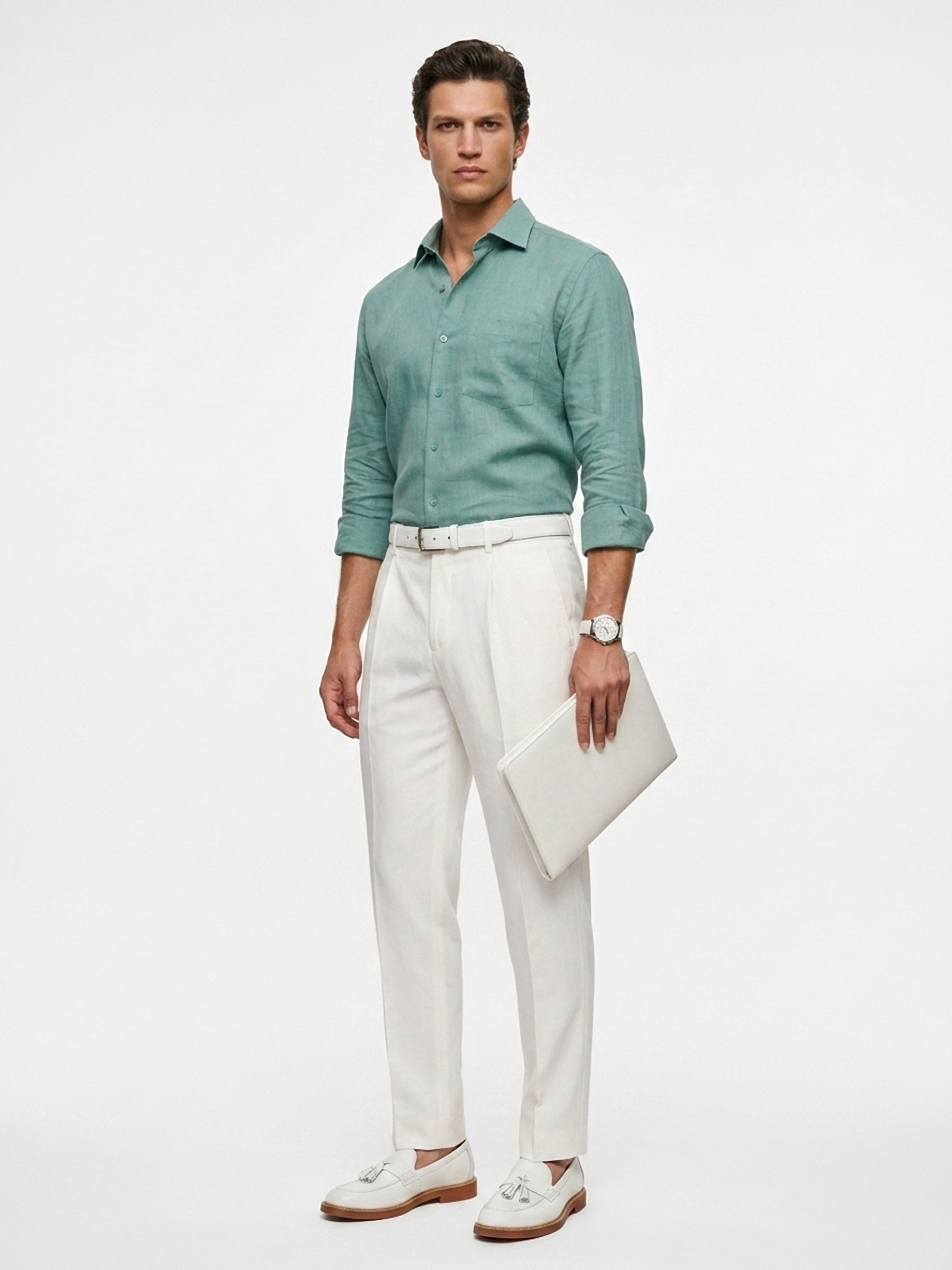 Long Collar Formal Linen Shirt With Pocket SeaFoam Green