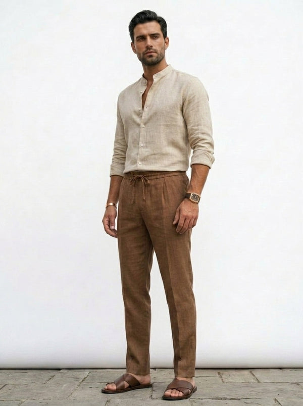 100% Linen Mandarin Collar Shirt Camel Beige