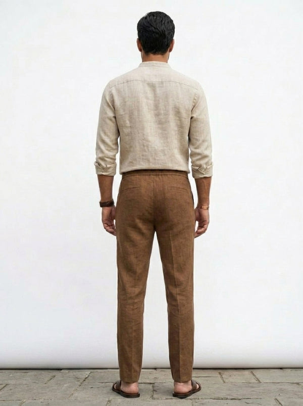 100% Linen Mandarin Collar Shirt Camel Beige