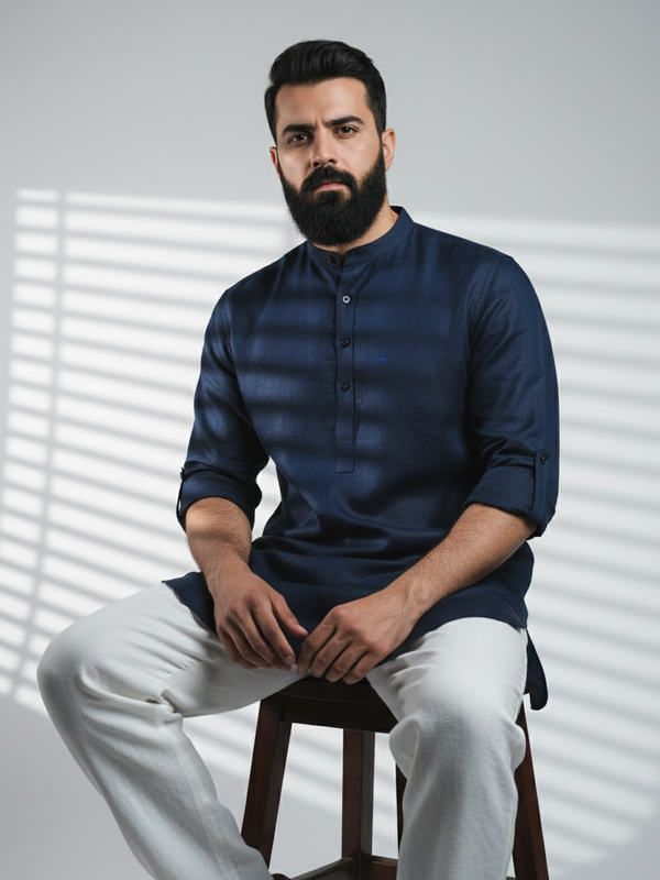 100% Linen Kurta Navy Blue