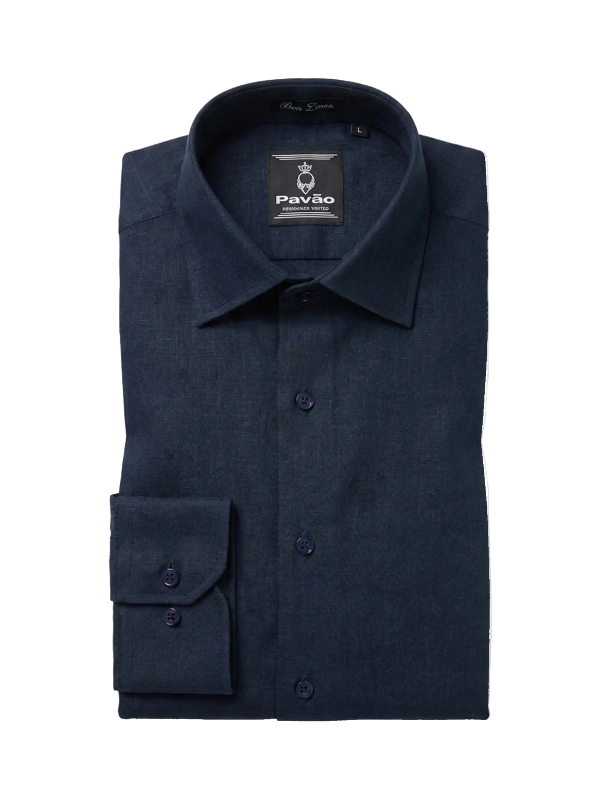 A folded dark navy blue long-sleeve dress shirt by Pavão, featuring a button-down front, pointed collar, and a single cuff with two buttons, shown on a plain white background.