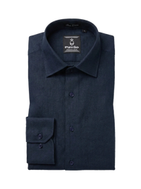 A folded dark navy blue long-sleeve dress shirt by Pavão, featuring a button-down front, pointed collar, and a single cuff with two buttons, shown on a plain white background.