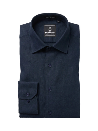 A folded dark navy blue long-sleeve dress shirt by Pavão, featuring a button-down front, pointed collar, and a single cuff with two buttons, shown on a plain white background.
