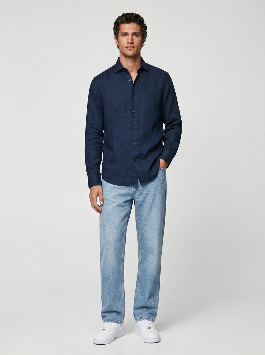 100% Linen Casual Shirt Navy Blue