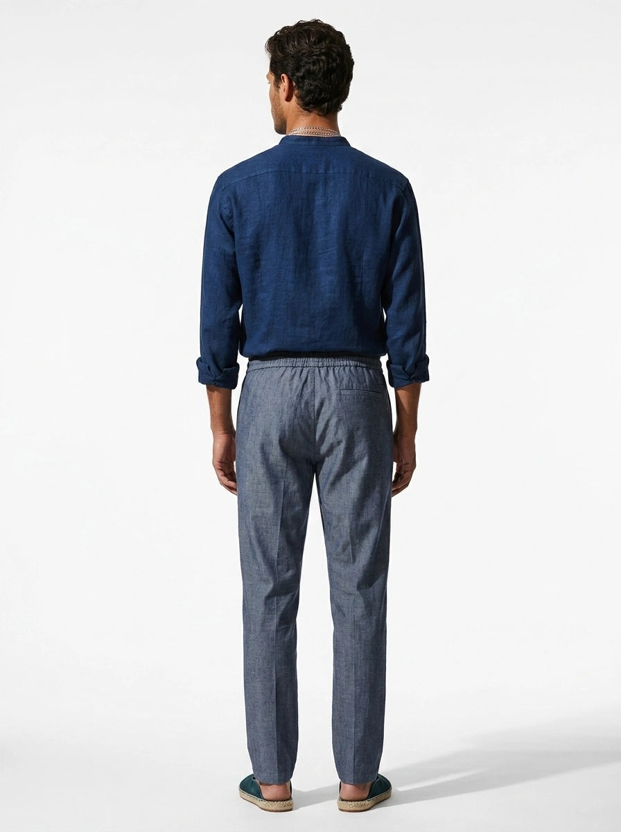 100% Linen Shirt Mandari Collar Navy Blue