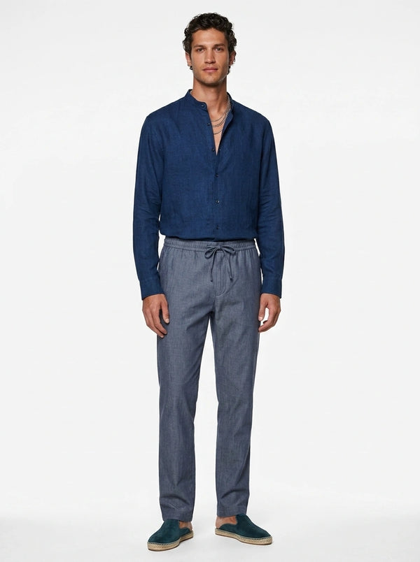 Silicon-washed 100% linen navy shirt with mandarin band collar
