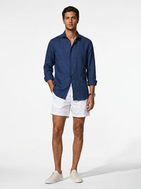 Silicon-washed 100% linen navy casual shirt with short soft collar