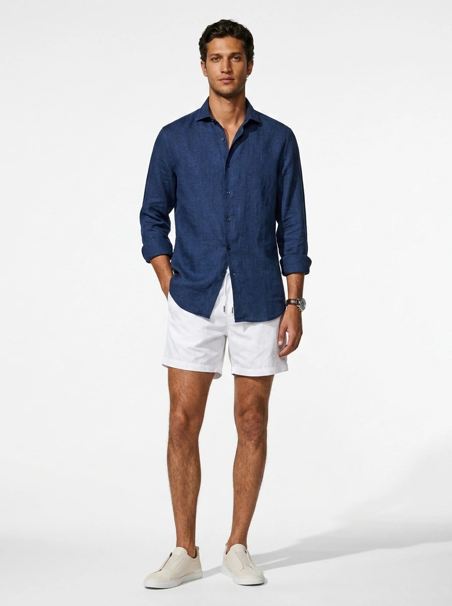 Silicon-washed 100% linen navy casual shirt with short soft collar