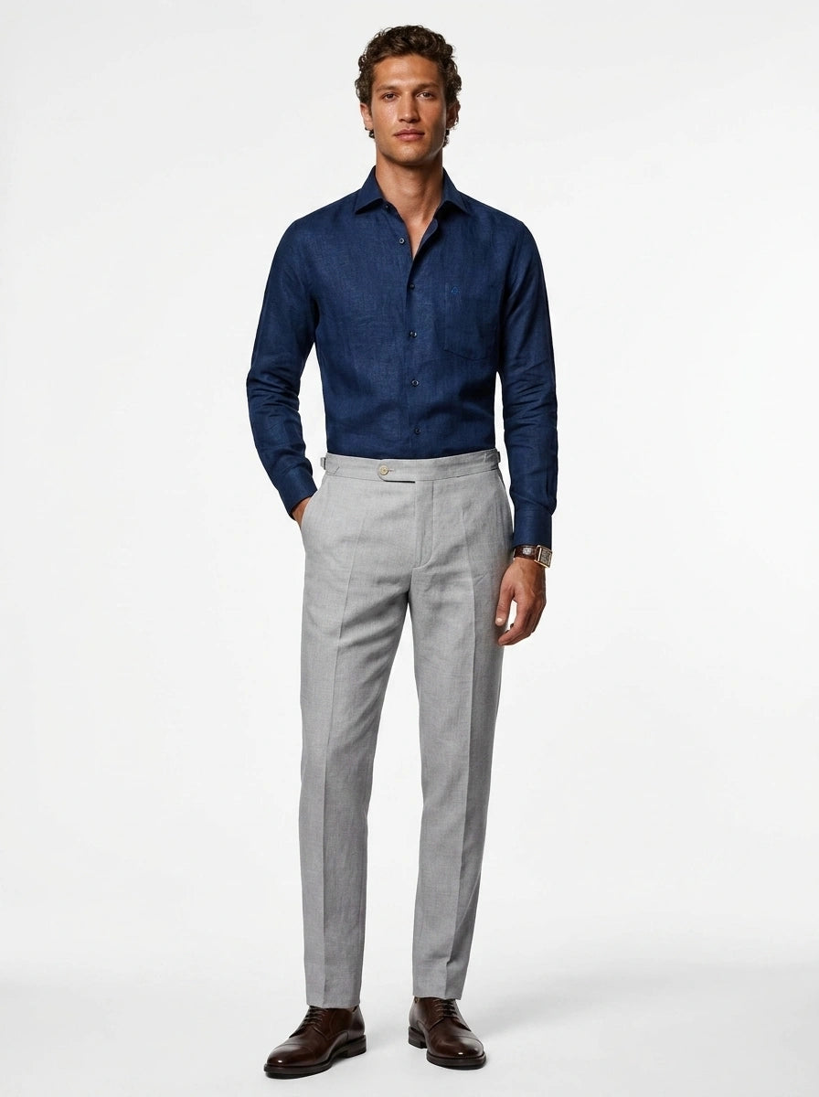 100% linen navy formal shirt with long stiff collar and chest pocket