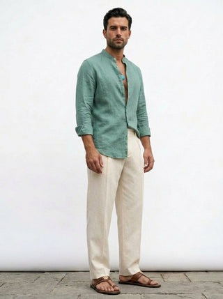 100% Linen Mandarin Collar Shirt Mint Green