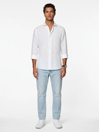 Silicon-washed 100% linen white casual shirt with short soft collar