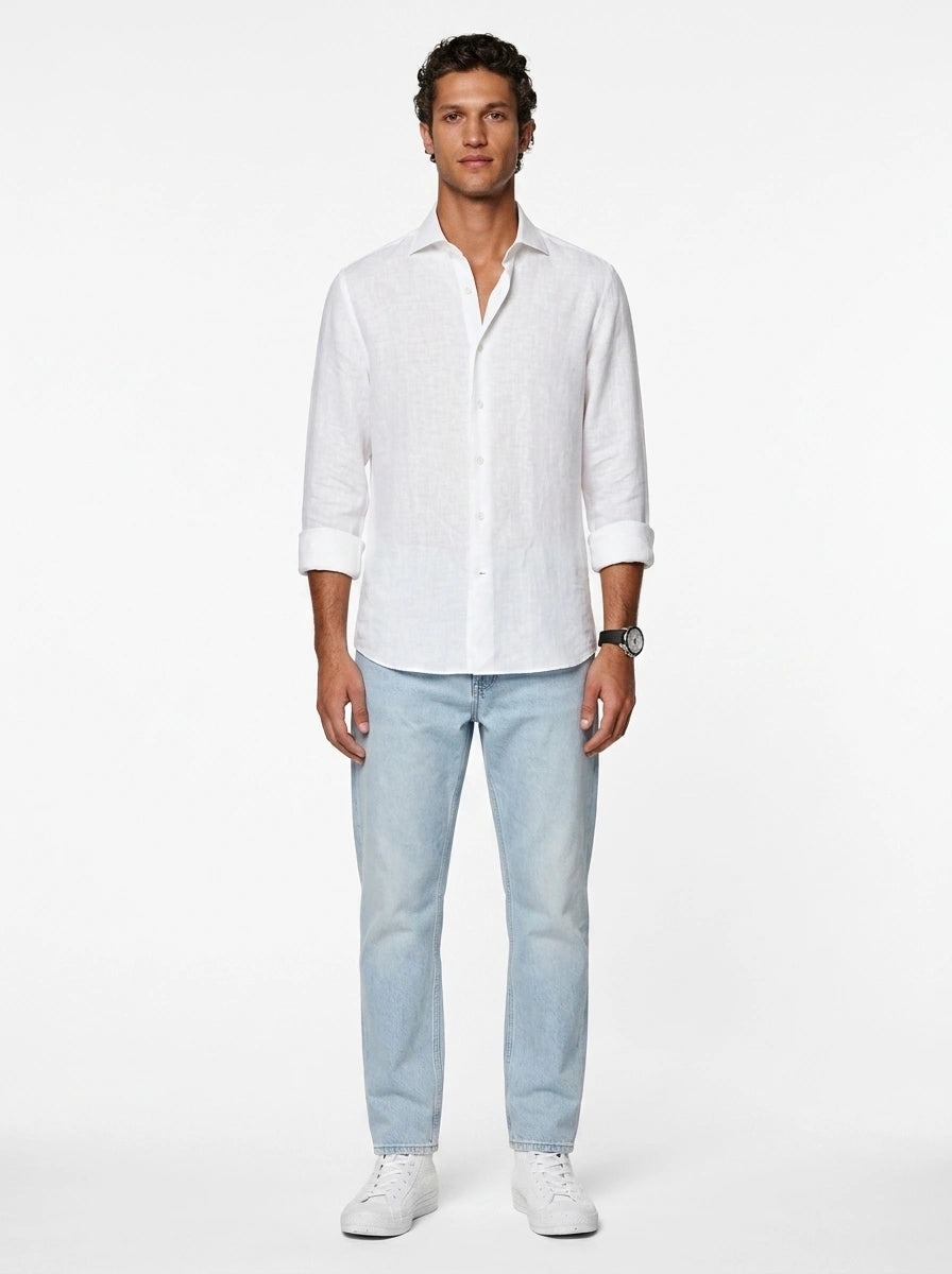 Silicon-washed 100% linen white casual shirt with short soft collar