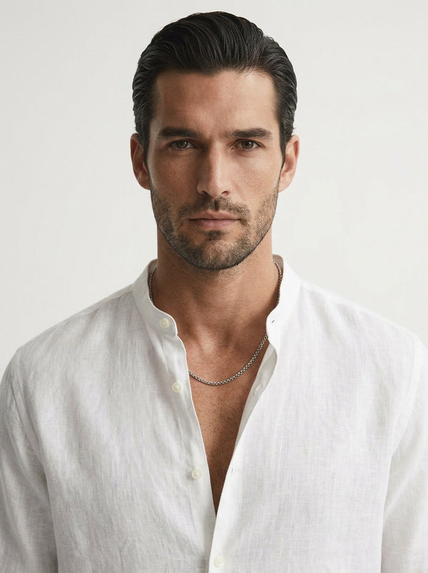 100% Linen Mandarin Collar Shirt White