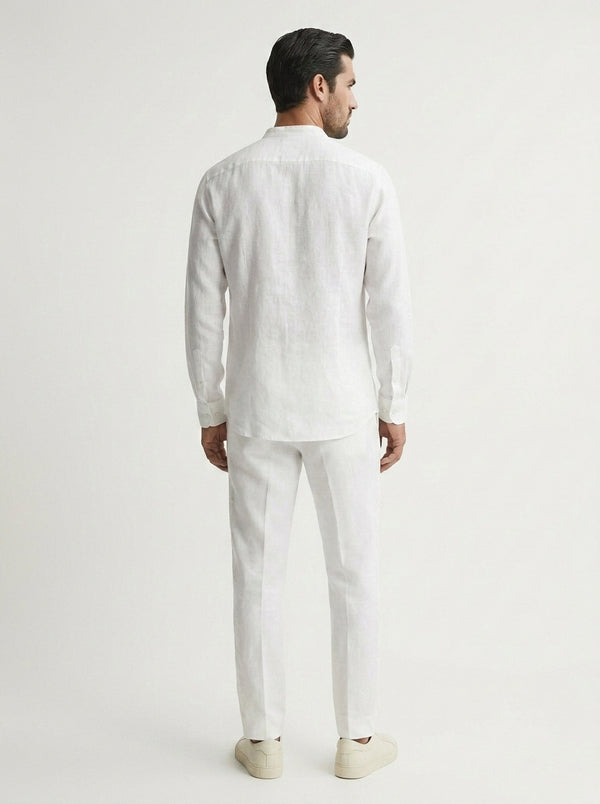 100% Linen Mandarin Collar Shirt White
