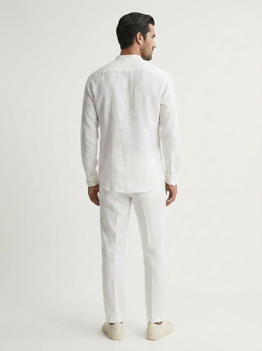 100% Linen Mandarin Collar Shirt White