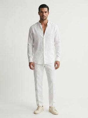 100% Linen Mandarin Collar Shirt White