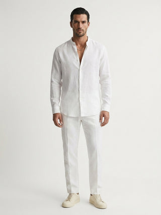 100% Linen Mandarin Collar Shirt White