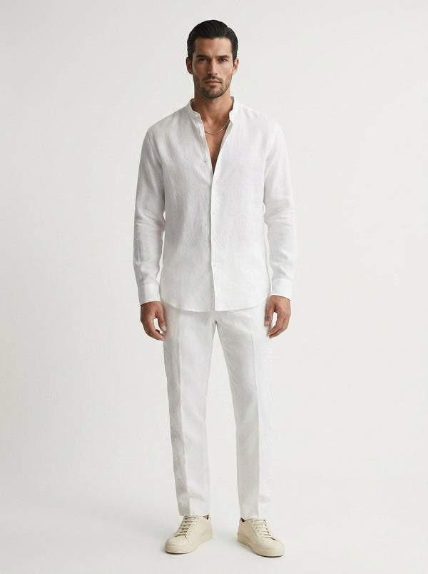 100% Linen Mandarin Collar Shirt White