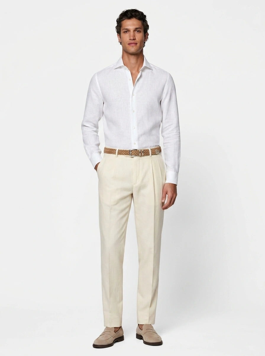 100% linen white formal shirt with cut-away collar, no pocket