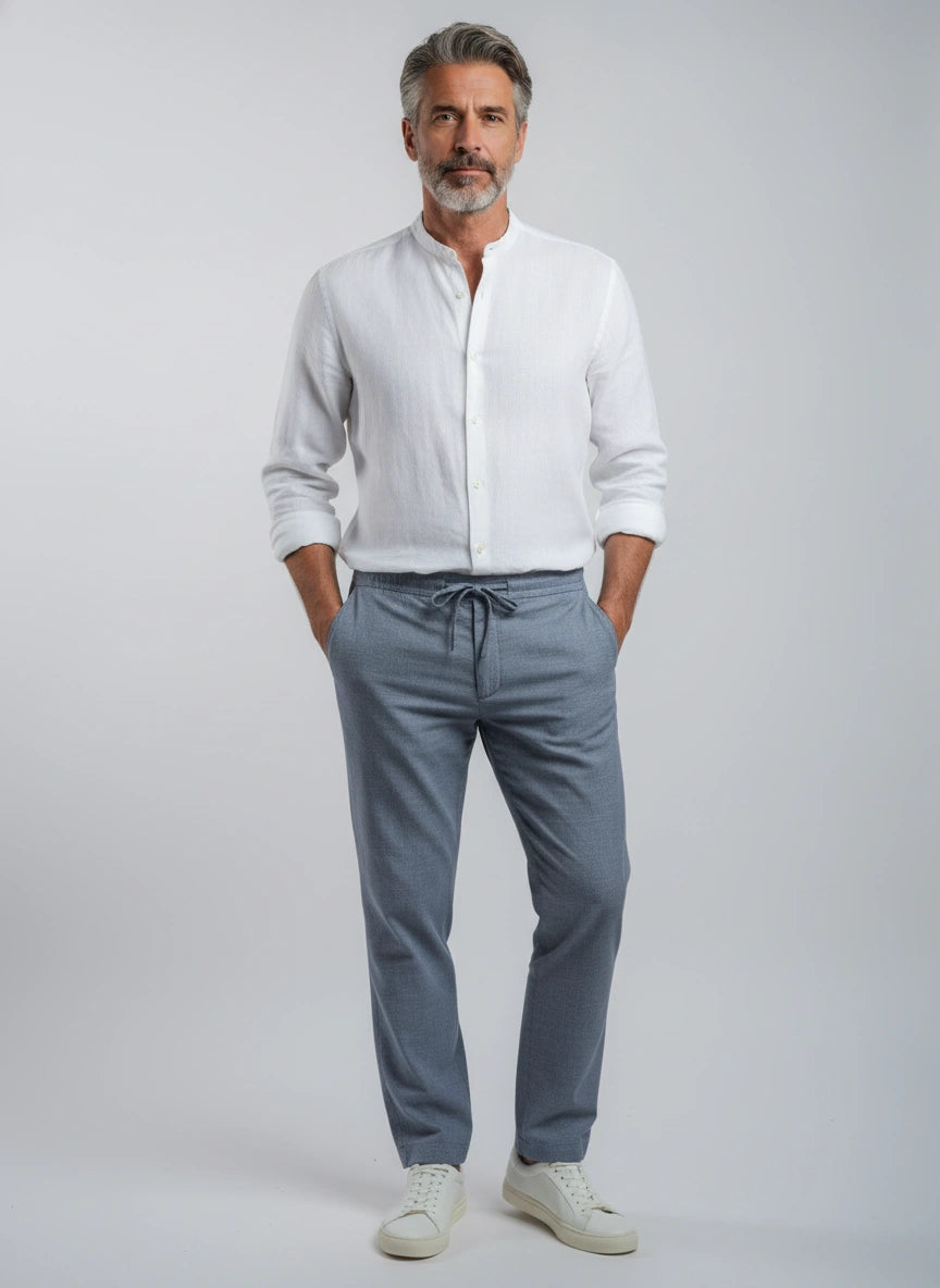 100% Linen Mandarin Collar Shirt White