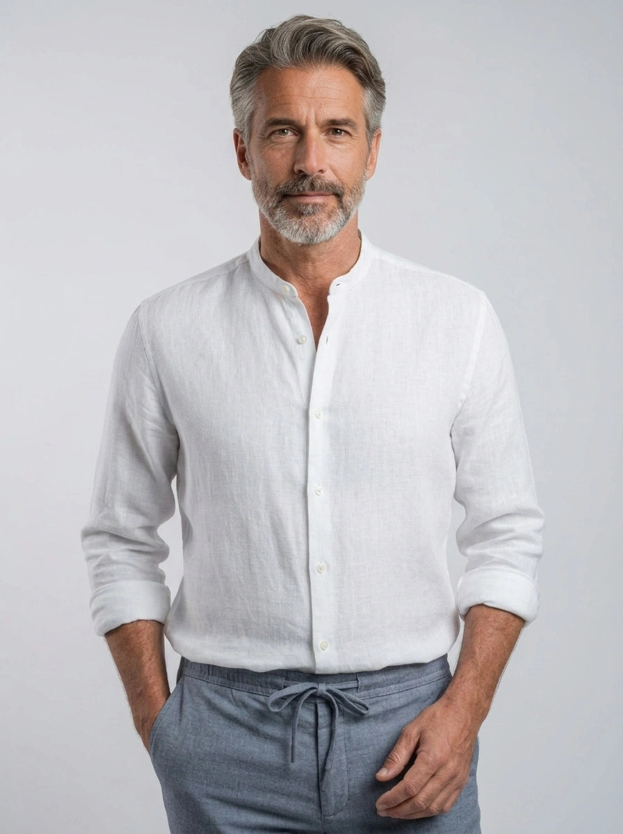100% Linen Mandarin Collar Shirt White