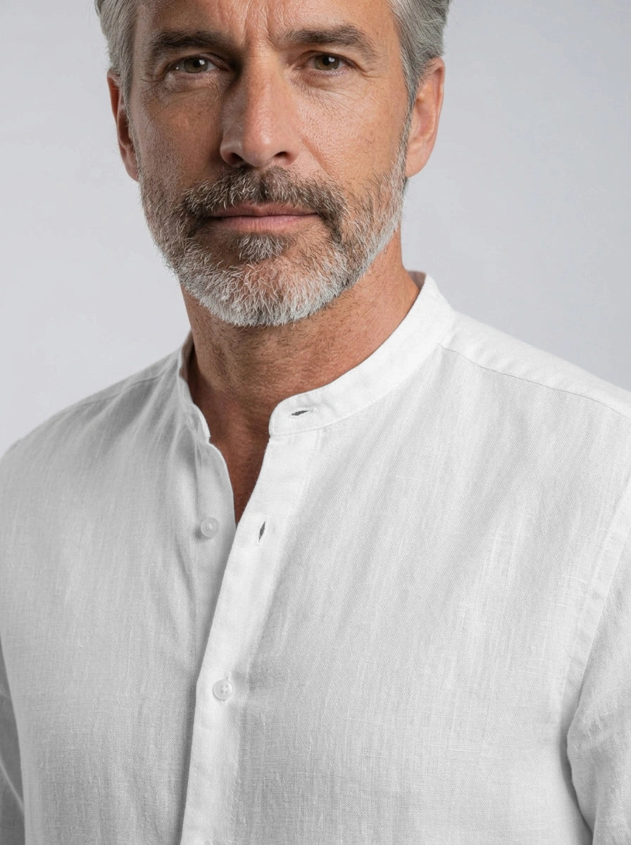100% Linen Mandarin Collar Shirt White