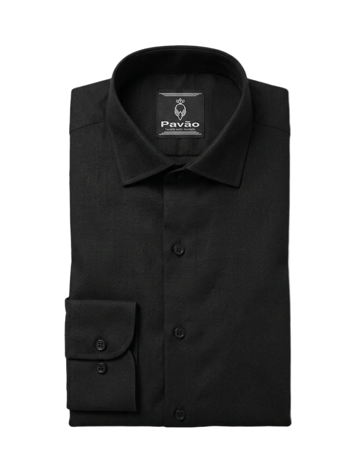 A folded black long-sleeved dress shirt with a pointed collar and a single buttoned cuff, displayed on a clean white background. The brand label 'PAVÃO' is visible inside the collar.