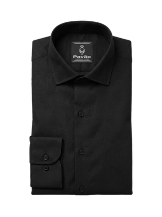 A folded black long-sleeved dress shirt with a pointed collar and a single buttoned cuff, displayed on a clean white background. The brand label 'PAVÃO' is visible inside the collar.