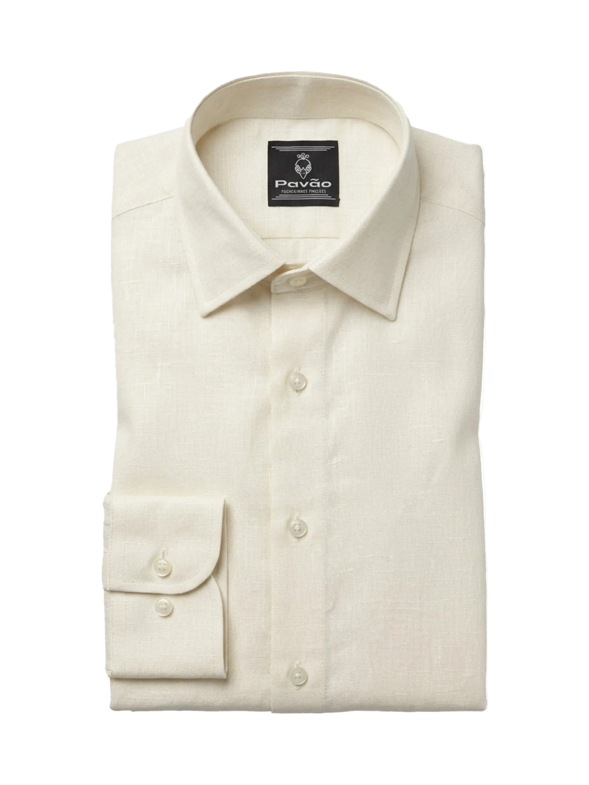 A folded cream-colored linen dress shirt with a spread collar and a buttoned cuff, displayed on a clean white background. The brand label inside the collar reads 'Pavão'.
